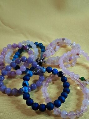 Lot of 8 Gemstone Beaded Bracelets - Pink & Blue Stack